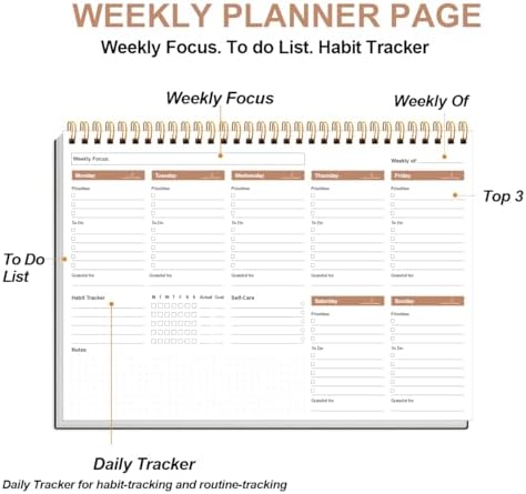 Weekly Productivity Planner - 8" x 11" Dashboard Desk Pad/Planner, Habit Tracker, Spiral Undated Weekly Planner for Office/School/Home, 54 Weeks, Black