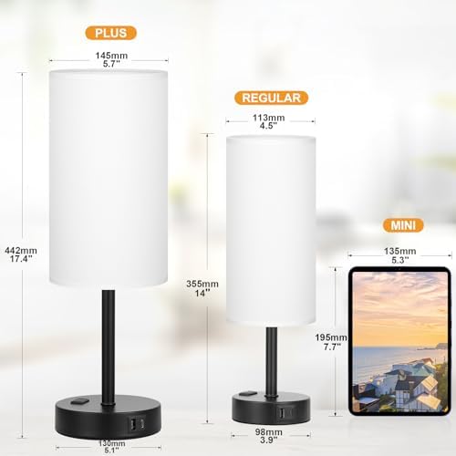Touch Bedside Table Lamps Set of 2 - Bedroom Lamp with USB A+C, AC Outlet