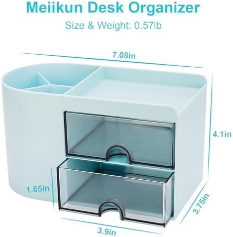 Meiikun Desk Organizer with Drawer, Pen Organizer for Desk, Small Pencil Holder, Desk Organizers and Accessories for Office Home Storage (2 Drawers+4 Compartments, Blue)