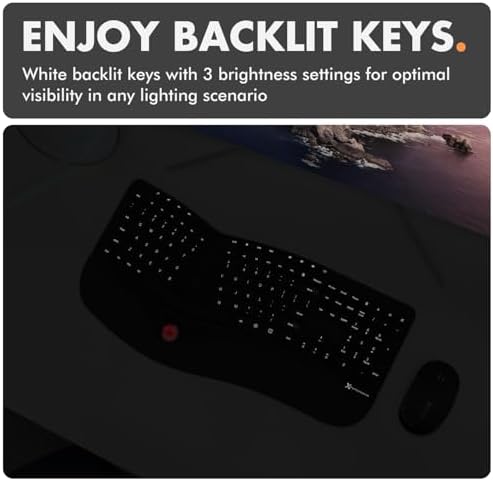 X9 Performance Ergonomic Wireless Keyboard with Trackball - Rechargeable, Backlit, Built in Mouse Buttons - 2.4G Split Keyboard Wireless for Windows PC and Chrome - All in One Typing Solution