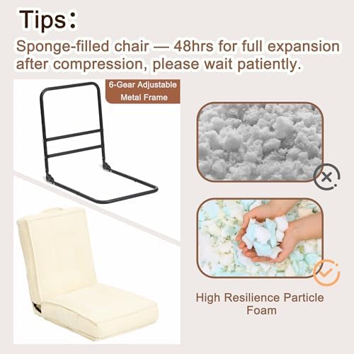 Folding Floor Tatami Chair with Back Support, 6-Position Adjustable, Beige