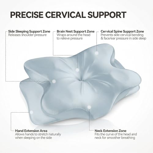 Cervical Neck Pillow for for Neck Support,Ergonomic Memory Foam Contour Pillow with Wrinkle-Resistant Silky Satin Fabric Cover,Orthopedic Bed Pillow for Side,Back,Stomach Sleepers,Blue