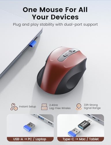 Red Wireless Mouse for Laptop, Quiet Cordless Computer Mice for Office