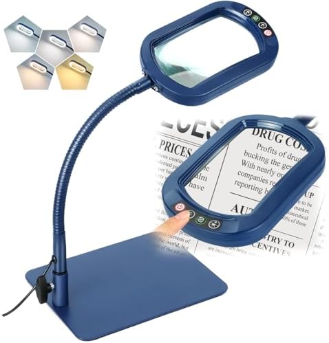 Veemagni 12X Rectangle Magnifying Glass with Light and Stand, Flexible Gooseneck LED Lighted Desk Lamp, 5 Color Modes Stepless Dimmable, Hands Free Magnifier for Reading Painting Close Work - Blue