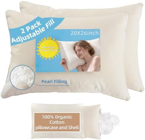 Organic Pillow 20x26 with Cotton Case, Adjustable for Side Sleepers