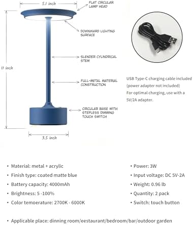PUSU Rechargeable Table Lamps Set of 2, Blue Cordless Portable Desk Lamp