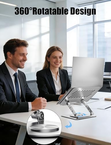 Adjustable Computer Stand with 360 Rotating Base, Ergonimic Foldable Laptop Riser for Desk Compatible with MacBook Pro/Air Notebook up to 16 Inches, Silver