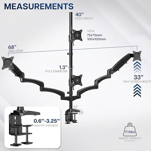VIVO Quad Pneumatic Monitor Mount for 4 Screens up to 32 inches, Fully Adjustable, Heavy Duty Desk Stand with C-Clamp, Black, STAND-V400G