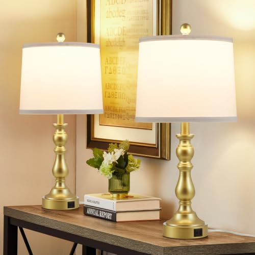Gold Table Lamps Set of 2, Gold Lamps for Bedroom, USB C+A Ports