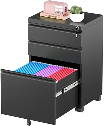 Greenvelly 3 Drawer Mobile File Cabinet with Lock, Metal Filing Cabinet on Wheels, Under Desk File Cabinet for Home Office Organizer Letter/Legal/A4 File (Unassembled, Black)