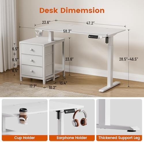REAHOME 47 Inch White Electric Height Adjustable Standing Desk with Drawers