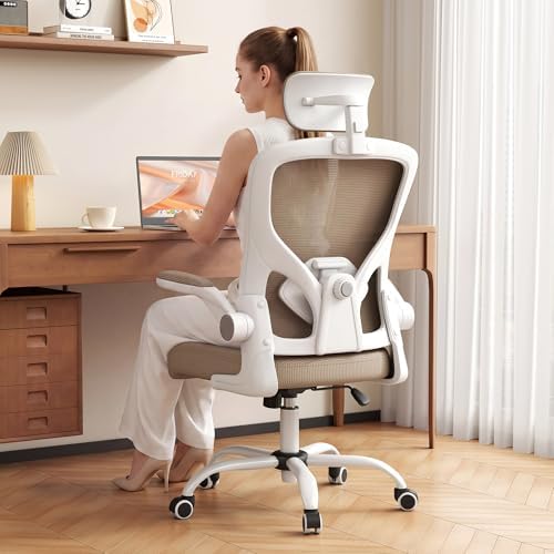 Office Chair, Ergonomic Desk Chair with Adjustable Lumbar Support, High Back Mesh Computer Chair and Headrest, Comfortable Gaming Chairs Rolling Swivel Task Chairs Flip-up Arms(Khaki)
