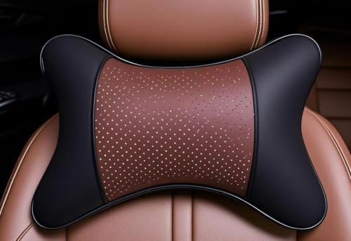 Car Neck Pillows 2pcs Pack Car Headrest Pillow Pu Leather Car Cervical Pillows for Traveling Car Pillows Filled by Fiber (Brown)