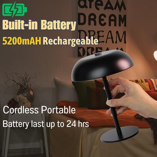 Cordless LED Mushroom Table Lamp, 5200mAh Battery, Dimmable 3 Color, Black