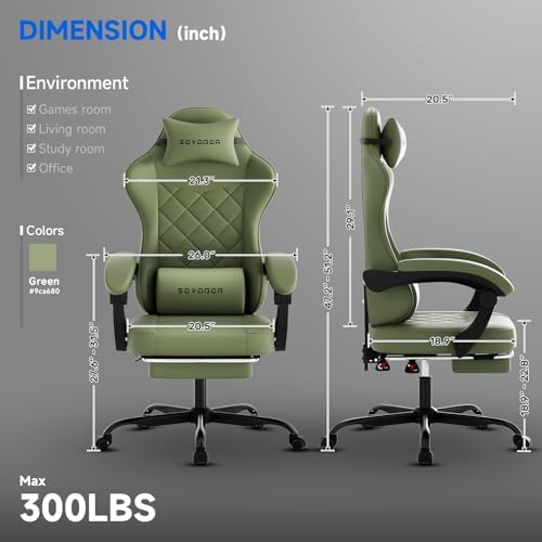Gaming Chair with Footrest, Ergonomic Leather Computer Chair with Lumbar Support, Height Adjustable High Back Swivel Office Chair for Adults, Gamer Chair for Gaming, Working,Green