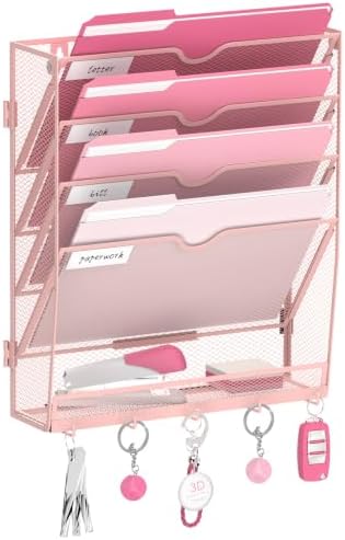 Wall File Holder Hanging Wall File Organizer, Wall Mount Mail Holder and Paper Organizer with Bottom Shelf & 5 Hooks for Office Home School (5 Tier Pink)