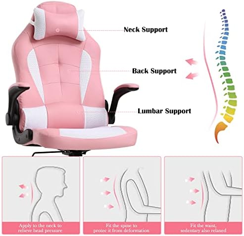Pink Gaming Chair, PU Leather Gaming Chairs for Adults, Comfy Office Chair Ergonomic Desk Chair Computer Chair with Flip Up Arms, Swivel Reclining Gamer Chair, Height & Backrest Adjustable, 300 Lbs
