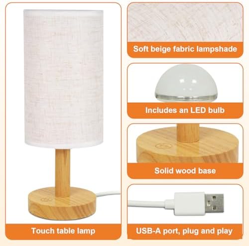 Small Touch Table Lamps Set of 2 with Stepless Dimming&USB Plug, Natural Round Wood Base & Linen Fabric Shade |Soft Ambient Night Light |Minimalist Boho Bedside Lamp for Bedroom,Nursery,Kitchen,Dorm
