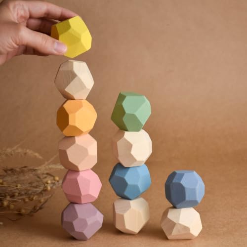 Pastel Wooden Stacking Stones Board Game Solid Natural Wood Balancing Blocks, Handmade Unique Gift, Aesthetic Balancing Rocks, Muted Boho Home Office Decor