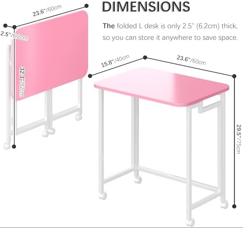 4NM 23.6" Mobile Small Rolling Computer Desk, Folding Laptop Cart Table with Wheels, Portable Office Desk for Small Space Couch Bed - Pink and White