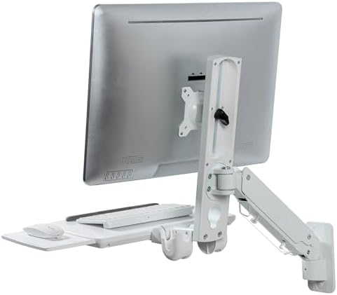 MyGift Wall Mounted White Metal Medical Grade Monitor Screen Workstation with Height Adjustable Arm, Keyboard & Extension Tray & Mouse Holder for Healthcare and Dental Clinics, Fits up to 35” Monitor