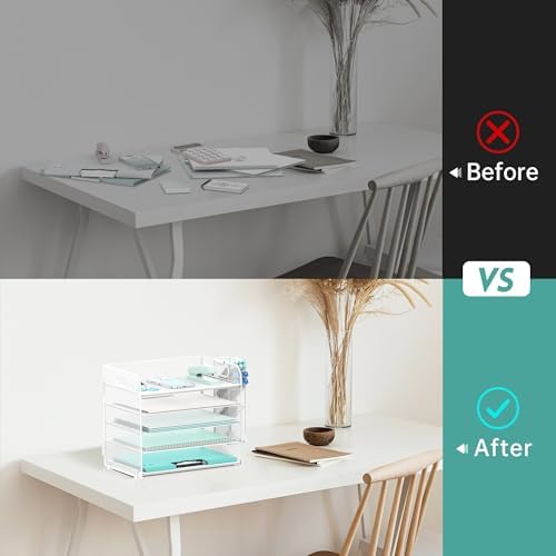 5-Tier Paper Organizer for Desk with Pen Holders, Letter Trays, White