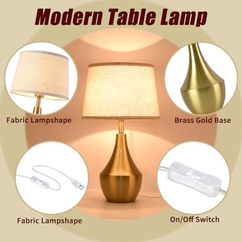 Brass Gold Table Lamps Set of 2, 19.3" Modern Bedside Table Lamp for Bedroom Nightstand, Cute Table Lamps for Living Room, Office Desk, End of Table