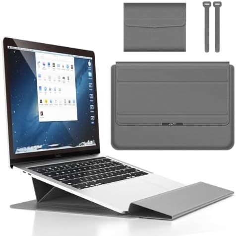 4 in 1 Ergonomic Workstation Set - Foldable Laptop Sleeve and Stand, Premium Leather Portable Computer Riser for 11-17 Inch Laptops, Waterproof Travel Organizer with Cooling Design (Gray,16-17")