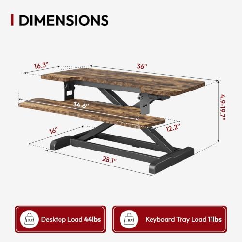 SANODESK Standing Desk Converter with Electric Motor 35" Height Adjustable Desk Riser for Office Home,Monitor and Laptop Workstation with Large Keyboard Tray, Rustic Color