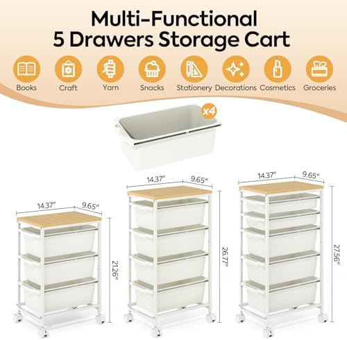 KINGBOARD Slim Rolling Cart with 4 Drawers, Metal Utility Storage Cart