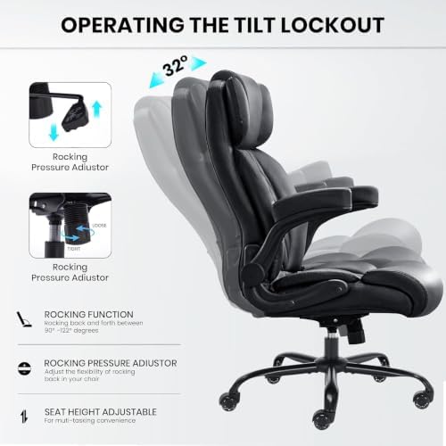 500lbs Big and Tall Office Chair Adjustable Lumbar Support for Back Pain, Extra Wide Seat Executive Office Chair Thick Armrest Pad, Heavy Duty Base&Upgraded Wheels, Ergonomic Desk Chair