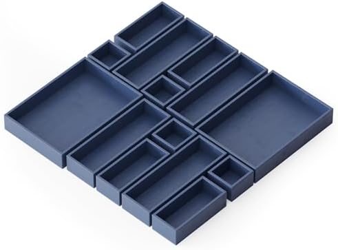 SpaceAid 14-Piece Bamboo Drawer Organizer Storage Boxes Set, Wood Tray Junk Drawer Organizers Multi-Use Divider Bins for Kitchen, Bathroom, Office Desk and Makeup Organization (14 Pack, Navy Blue)