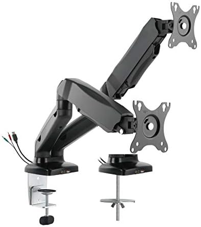 Rocelco Premium Double Monitor Desk Mount with USB 2.0 and Audio Port - Fits Dual 13" - 27" LED LCD Flat Screens - Pneumatic Full Motion Assist Adjustable Arm - Grommet and C Clamp - Black (R MA2)