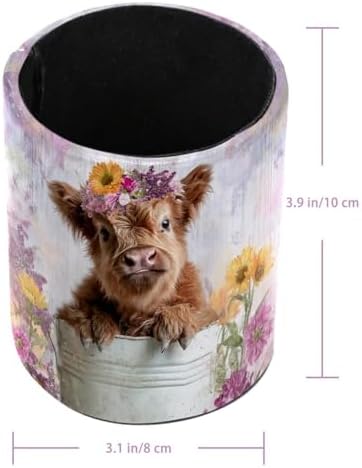 Leather Pen Holder for Desk, Highland Cow Purple Flower Pencil Cup Pen Organizer Makeup Brush Holder for Office Home Kids Countertop Desk Accessory Storage
