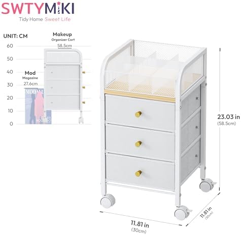 SWTYMIKI Rolling Makeup Organizer Cart - Under Desk Vanity Makeup Storage with 3 Non-woven Drawers, Nail Cart Organizer Cosmetic Display Cases Cabinet for Skin Care Perfume Nail Polish Brush Hair Tool