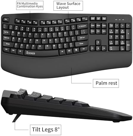 RECCAZR Ergonomic Keyboard, Wired Computer USB Keyboard with Wrist Rest