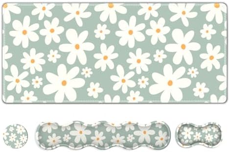 Desk Mat Gaming Mouse Pad, Cute Desk Matt Keyboard Wrist Rest for Desktop, Anti-Slip Big Mousepad Stitched Edges, XXL Large Mouse Pad with Wrist Support for Home Office Computer I Morandi Daisy