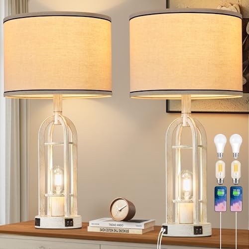 SRJJA 24" Farmhouse Table Lamps for Living Room Bedroom Set of 2, USB A+C