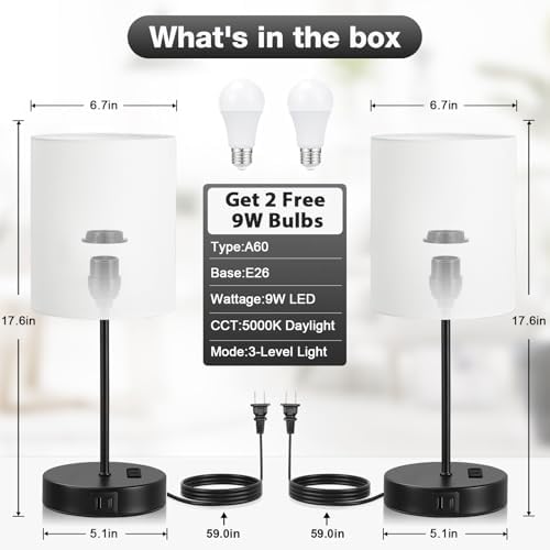 White Black Touch Lamps for Bedroom Set of 2, Dimmable, USB C+A, AC Outlet
