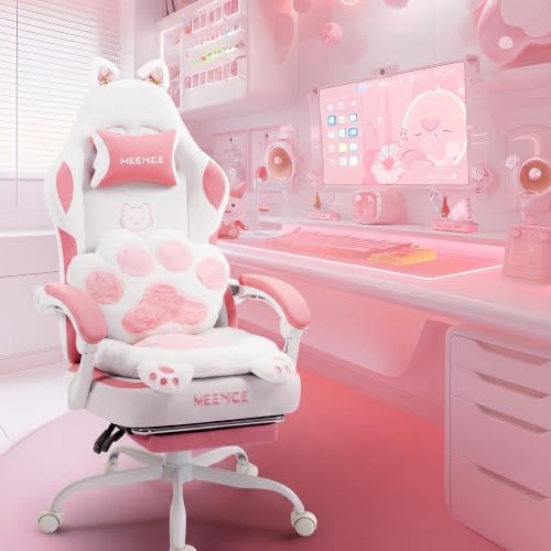 Pink Gaming Chair Cute with Cat Ears Paw Lumbar and Cushion,Ergonomic Computer Chair with Footrest,Reclining PC Game Chair for Girl Computer Chair 300lbs for Adult