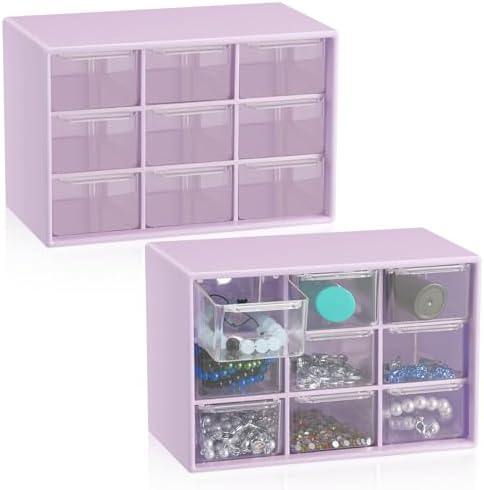 Wenqik 2 Pcs Mini Storage Drawers with 9 Clear Drawers, Purple