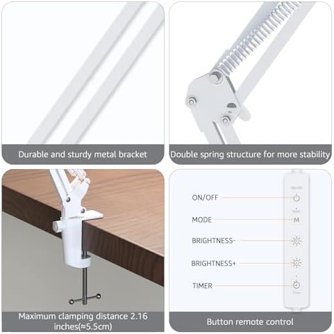 Upgrade Swing Arm LED Desk Lamp with Clamp, 80 LED Beads, 5 Color Modes & 11 Brightness Levels, 360° Adjustable Arm, Eye-Caring Light CRI95, Timer & Memory Function, for Office, Study, Crafting