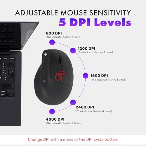 J-Tech Digital Wireless Mouse, Vertical Ergonomic Mouse with 2.4G Wireless & Bluetooth for 3 Multi-Device Function, Adjustable DPI Modes, Compatible with PC, Mac, Laptop - Black