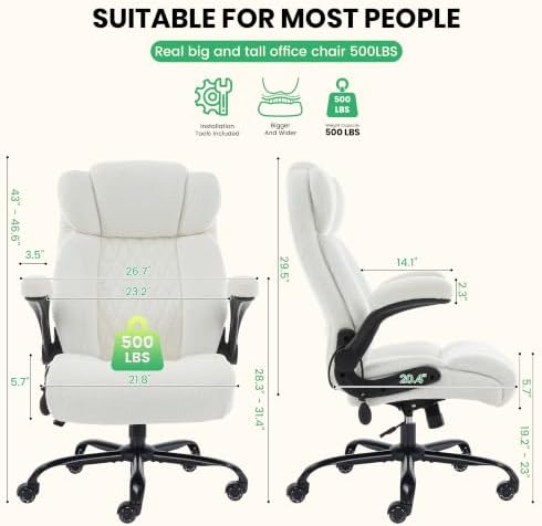 500lbs Big and Tall Office Chair Adjustable Lumbar Support for Back Pain, Extra Wide Seat Executive Office Chair Thick Armrest Pad, Heavy Duty Base&Upgraded Wheels, Ergonomic Desk Chair (Cloud White)