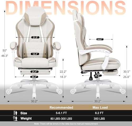 Misolant Gaming Chair, Fabric Gamer Chair with footrest for Adults, High Back Ergonomic Computer Game Chair with Adjustable Headrest and Massage Lumbar Support, 90-155° Recline Free, Beige