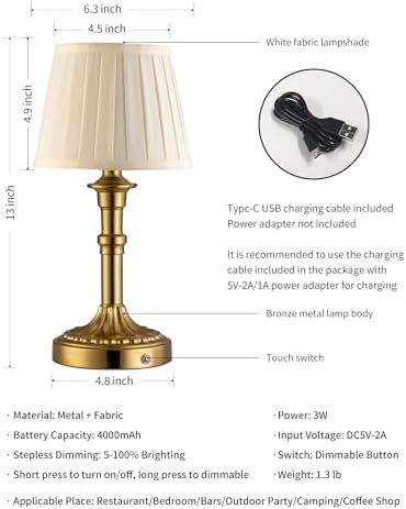 KDG Gold Cordless Portables Table Lamp, Beige Fabric Shade Small Desk Lamp