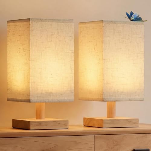 Small Table Lamp Set of 2, Square Short Bedside Lamps 2700K Warm LED with Linen Shade & Wood Base, USB Nightstand Lamps for Bedroom Living Room