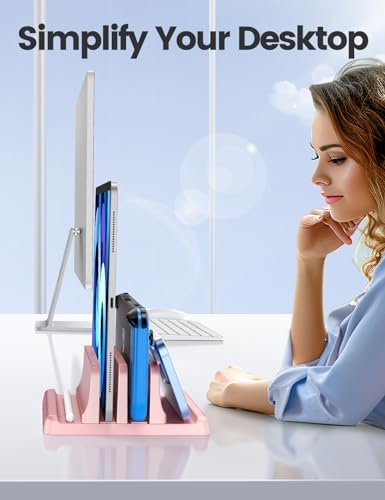 Vaydeer Vertical Laptop Stand for Desk, Dual Slots Plastic Laptop Holder with Space Saving 4-in-1 Design, Adjustable Laptop Stand Supports MacBook, Chromebook, Surface, Dell (Pink)