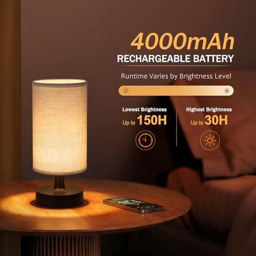 Kakanuo Cordless Table Lamp Rechargeable Small - 1 Pack Linen Black, 4000mAh Battery Operated Lamp with Touch Control Stepless Dimming, Wireless Lamp for Bedside, Nightstand, Bedroom, Living Room