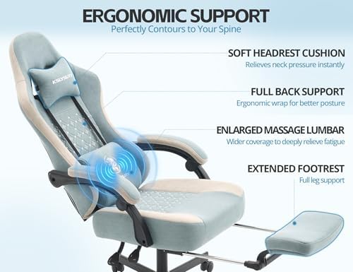 Office Chair for Home Office, Ergonomic Wide Seat Desk Chair with Pocket Spring Cushion, Breathable Leather Gaming Chair with Adjustable Headrest and Retractable Footrest，Blue
